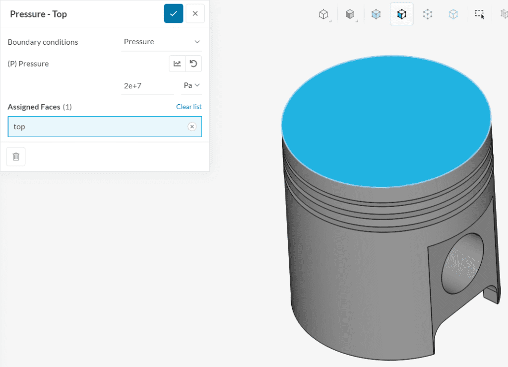 pressure boundary condition applied at the top of the piston with a pressure of 20000000 pa