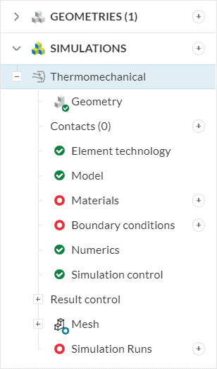 simulation tree to show the steps necessary to setup a thermomechanical analysis
