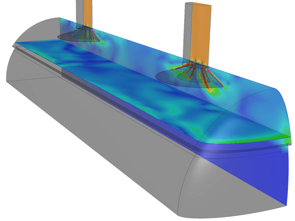 velocity distribution of a horizontal catalytic reactor in SimScale