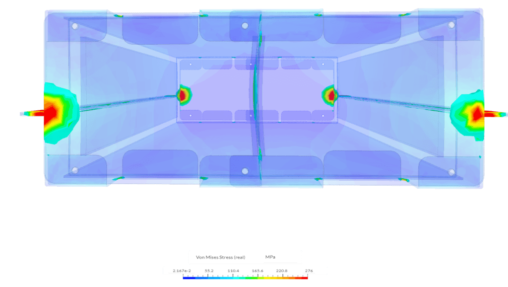 peak stresses results on the battery housing at 144 Hz showing peak regions around the corner mounting holes.