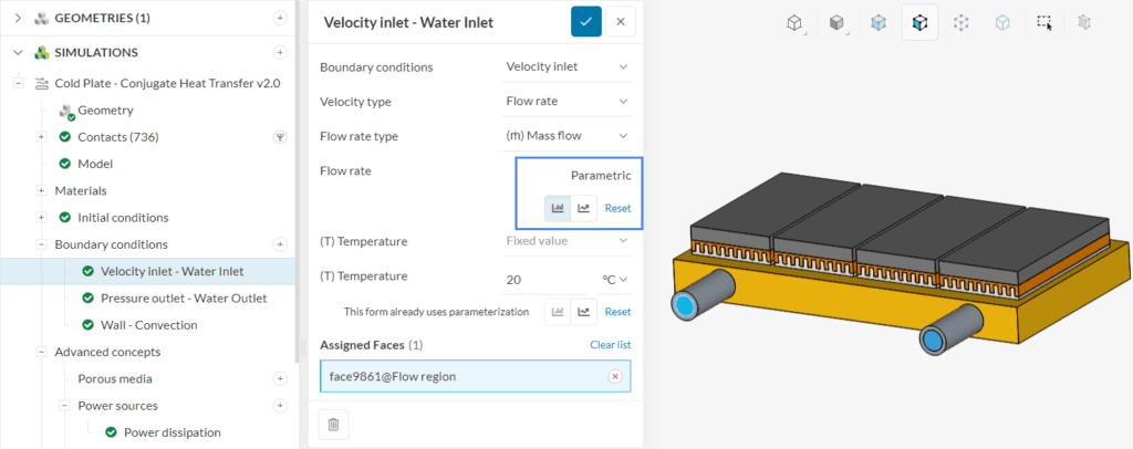 cold plate parametrization mass flow rate inlet