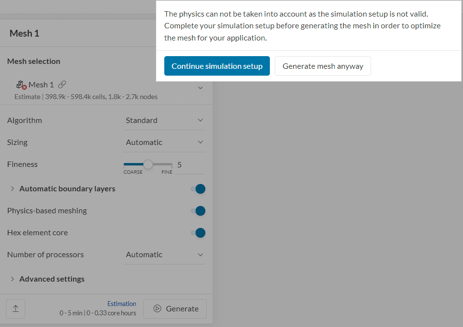 physics cannot be taken into account invalid setup meshing error message