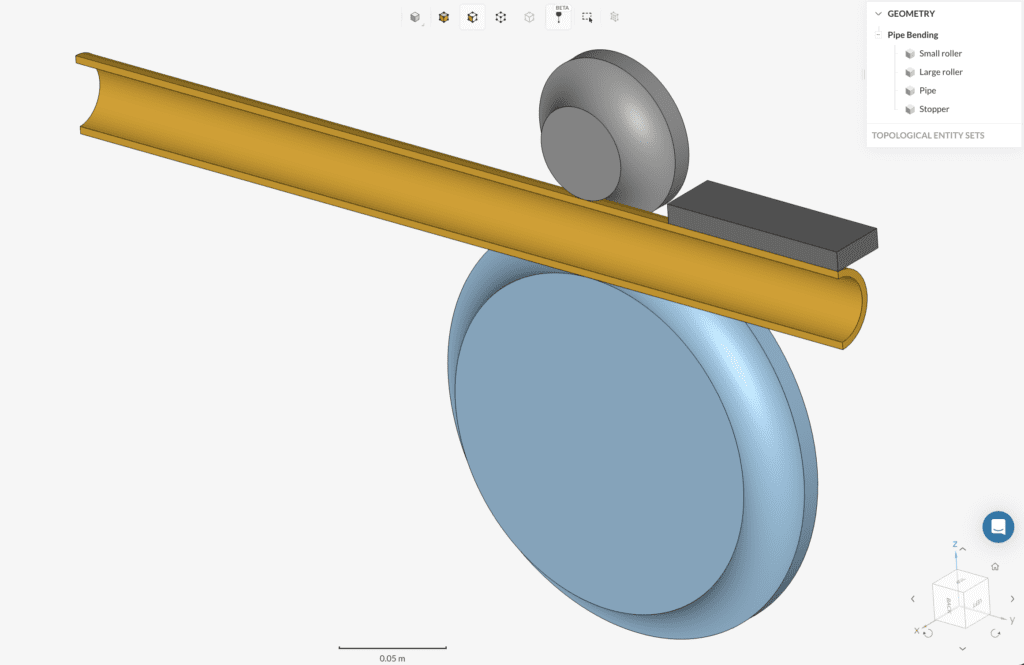 A CAD model consisting of several solids shown in a topological entity tree at the top right