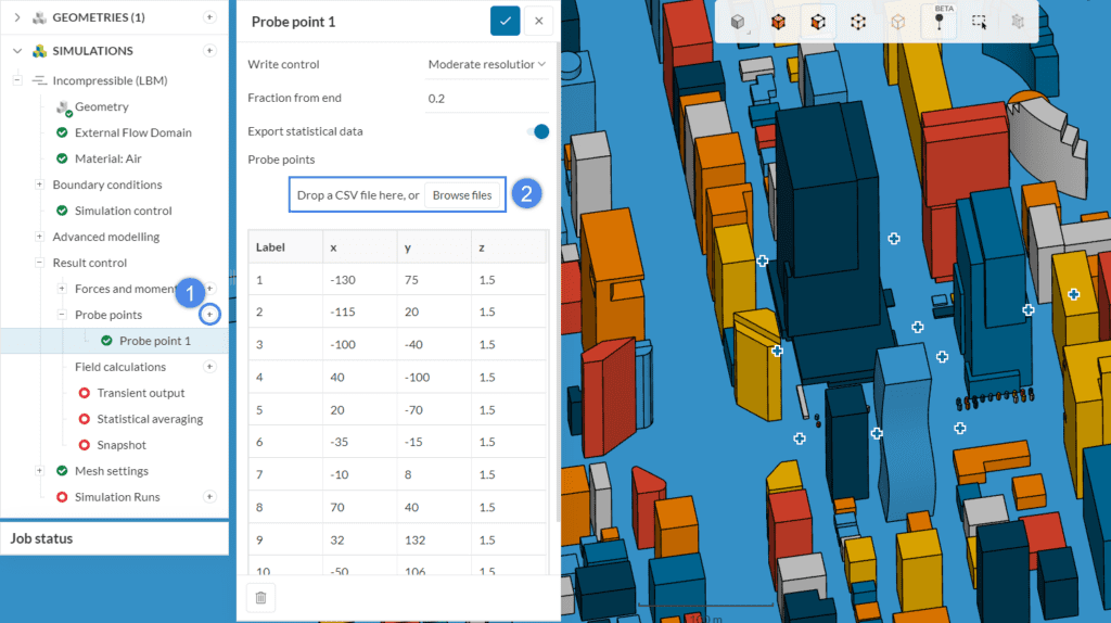 probe point settings in simscale for wind analysis simulaton with LBM solver