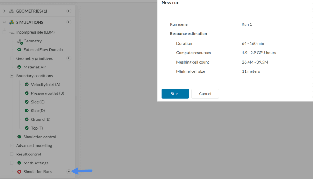 starting a new simulation run in simscale