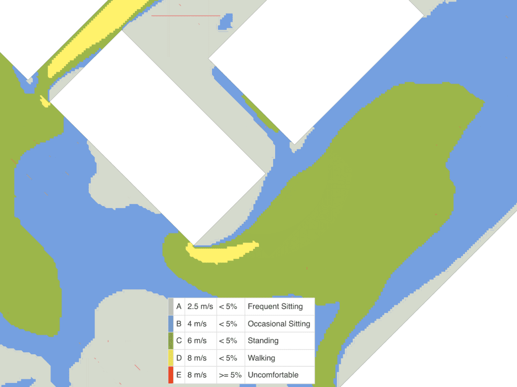 Comfort plot showing pedestrian wind comfort in a baseline scenario without any building setbacks