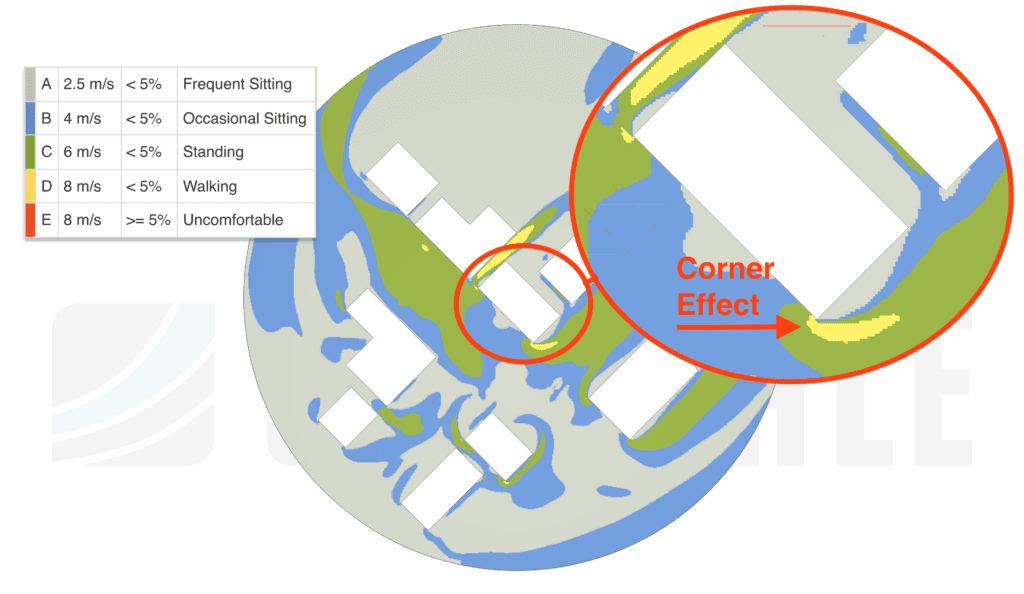 A CFD comfort plot showing where the cornering effect can impact pedestrian comfort