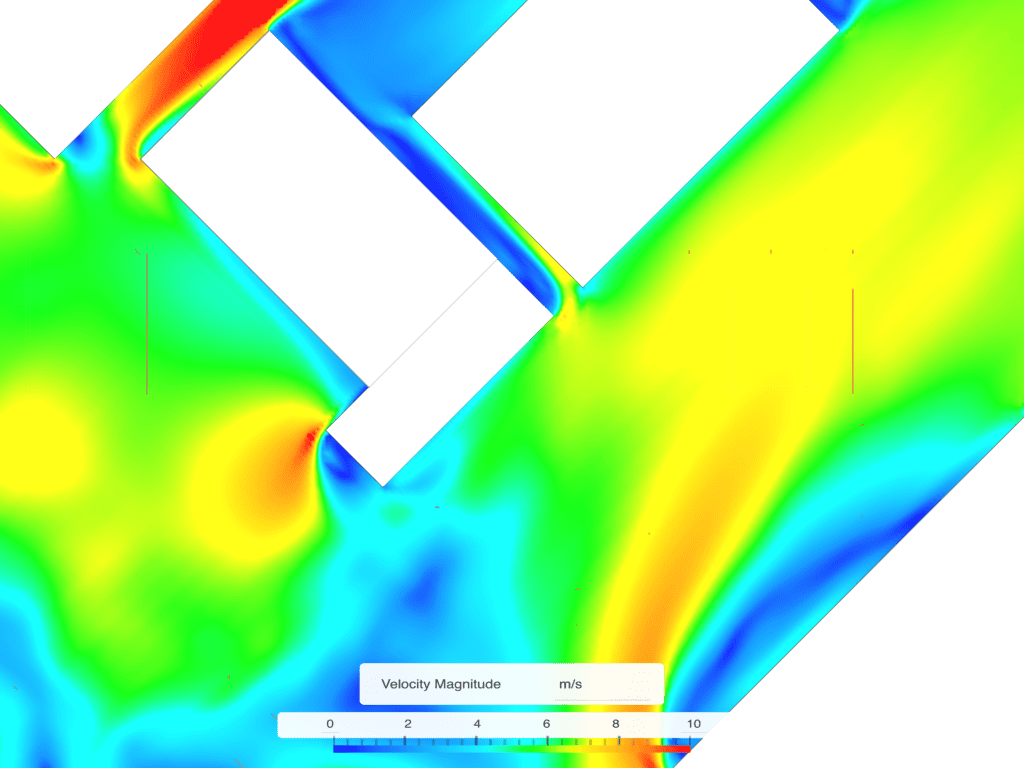 Wind speed plot showing wind speeds in an improved scenario with an added building setback to divert flow