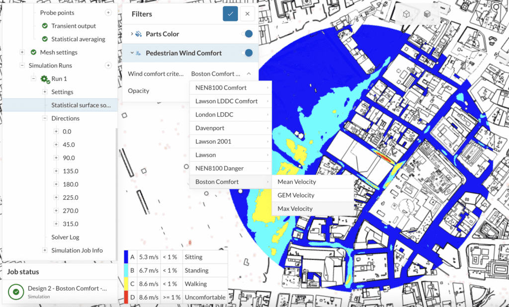 Screenshot of SimScale UI with custom comfort criteria highlighted.