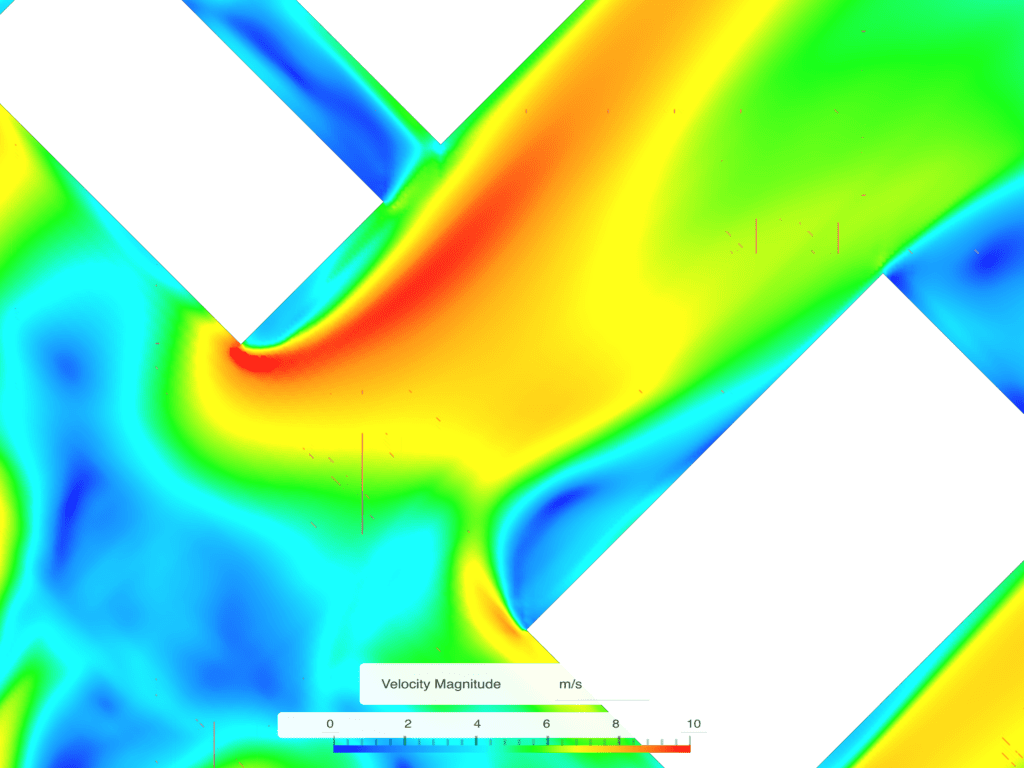 Wind speed plot showing the magnitudes of wind velocity in an improved scenario with a street aligned to prevailing wind direction
