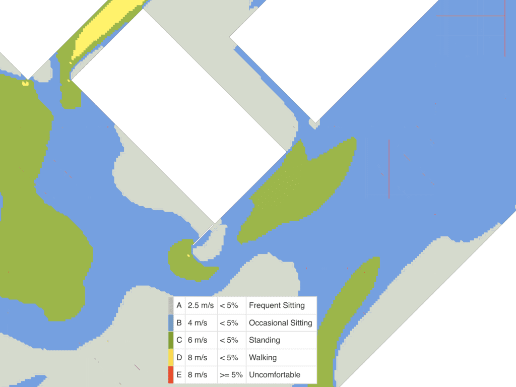 Comfort plot showing pedestrian wind comfort in an improved scenario by adding an advertising billboard at the edge of the building