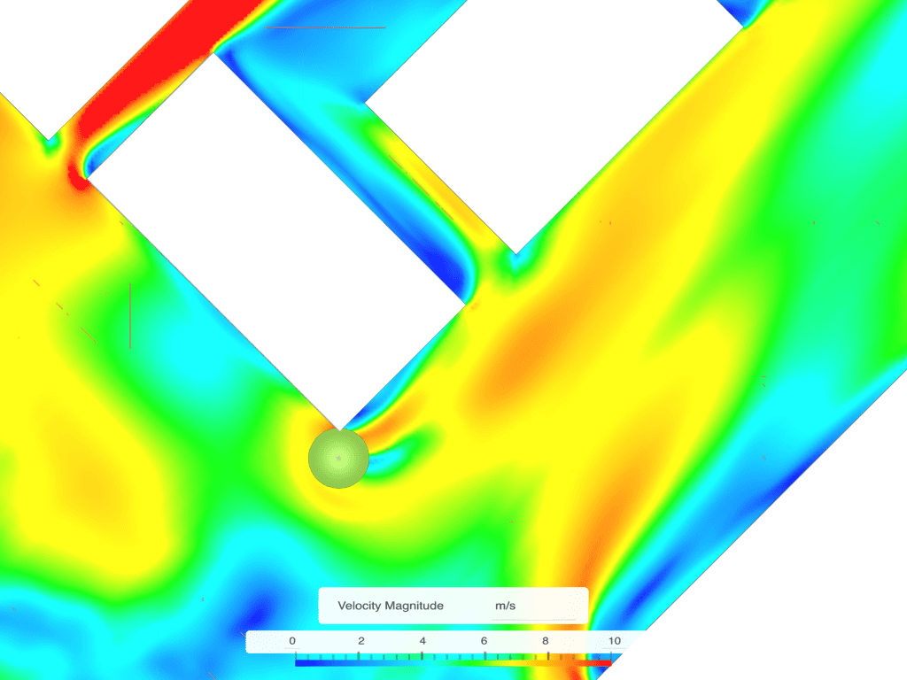 Wind speed plot showing wind speeds in an improved scenario with a tree at the edge of the building