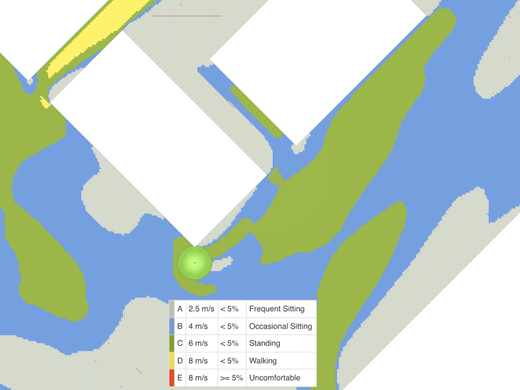 Comfort plot showing pedestrian wind comfort in an improved scenario with a tree at the edge of the building