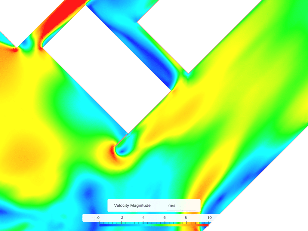Wind speed plot showing wind speeds in an improved scenario by adding an advertising billboard at the edge of the building