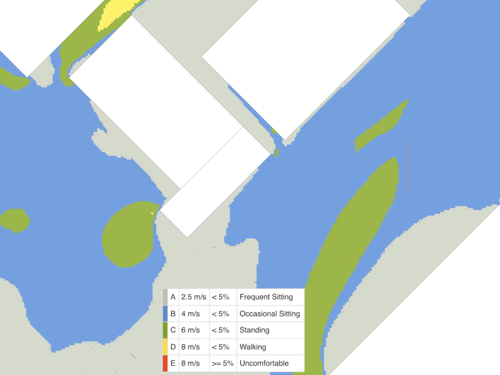 Comfort plot showing pedestrian wind comfort in an improved scenario with an added building setback to divert flow