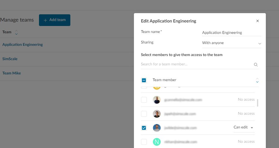 Image showing how an administrator can manage a team by setting its name, sharing level, and adding members and their permission levels: view, copy, or edit
