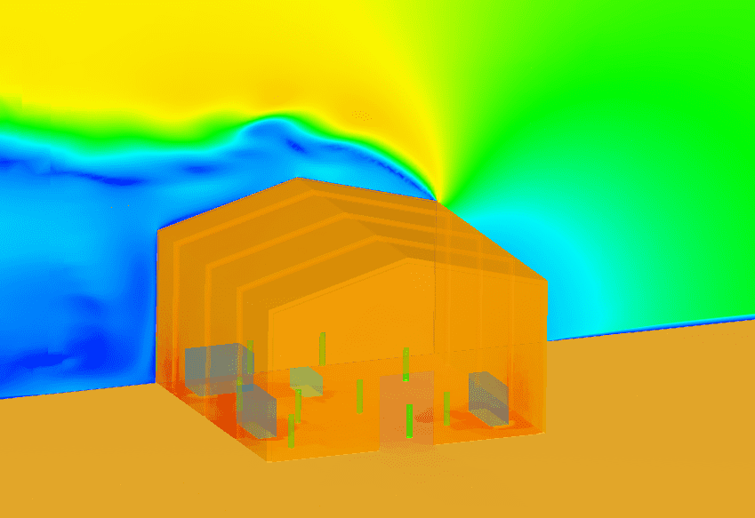 This is a building in a wind tunnel. We can see airflow around the outside of the building and on the inside, we can see that there are hot spots. These are generated by both localized heat sources and external radiation.