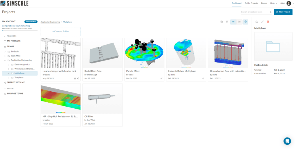 Image showing the SimScale dashboard of a user that belongs to four teams and showing how directories were created and belong to a team named ‘Application Engineering’