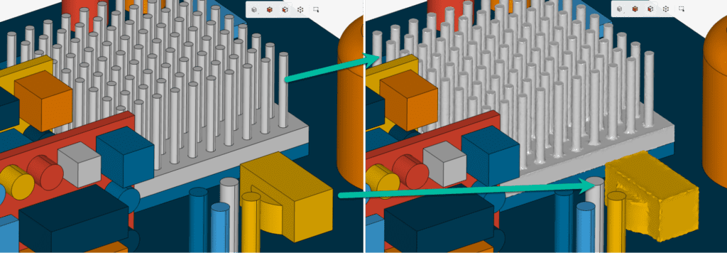This is showing two images. One original electronics model on the left and the same model with some simplified parts on the right hand image