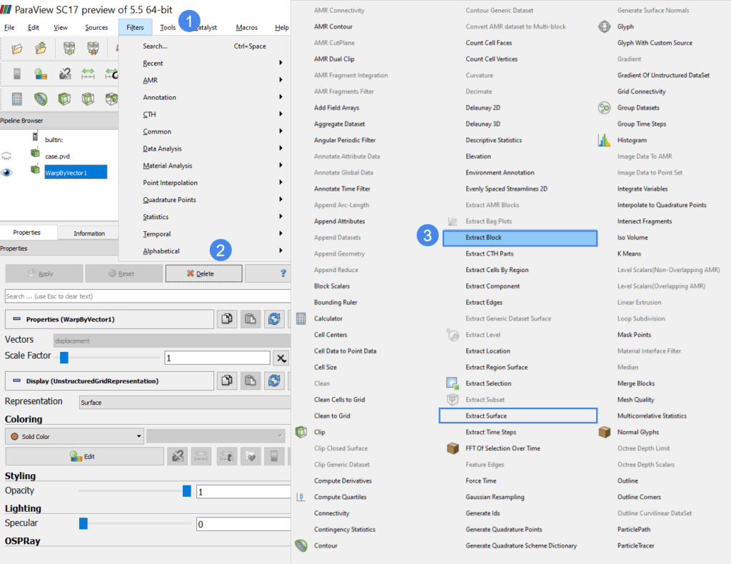download deformed shape list of filters in paraview