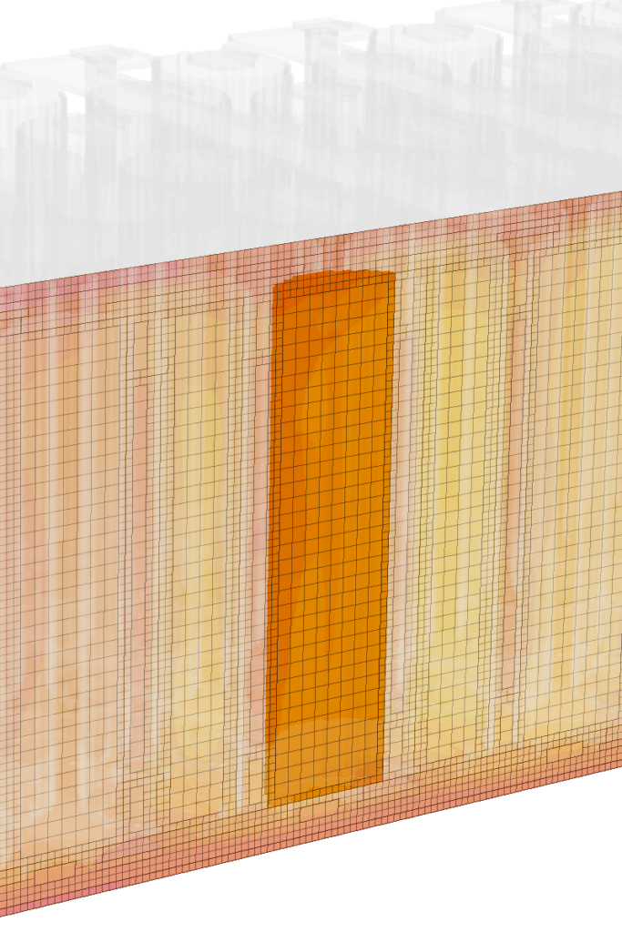 A close-up showing a single battery cell with a cartesian mesh