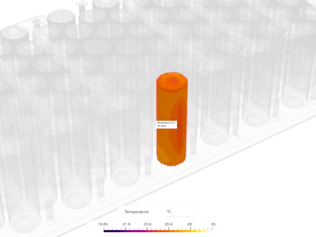 A view of a battery pack with a single highlighted battery cell showing temperature distribution results