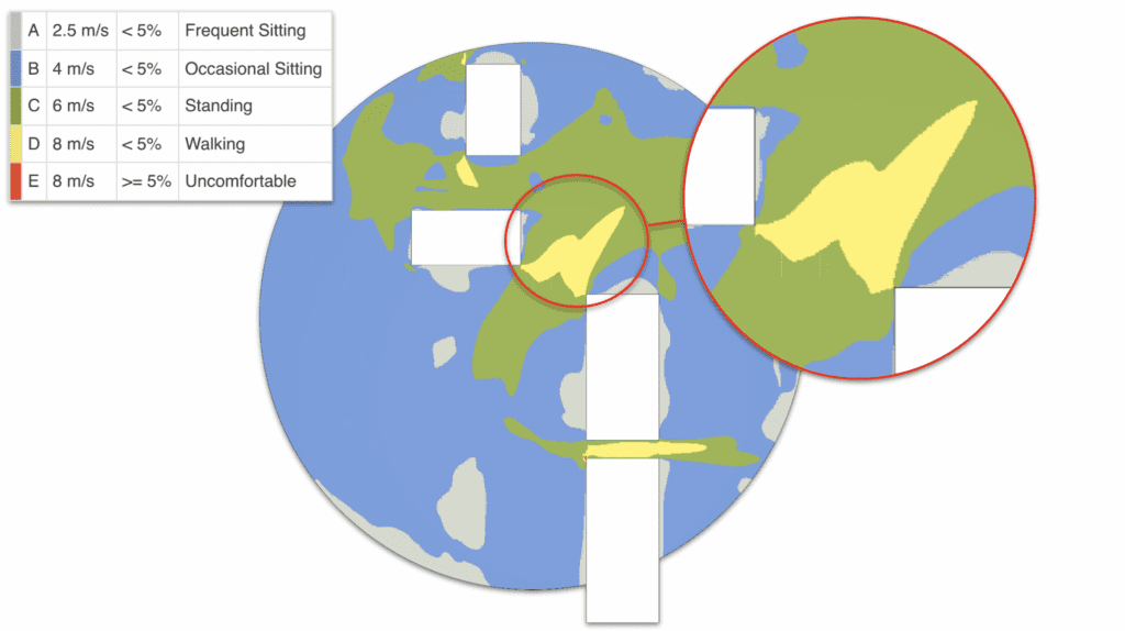 Identifying the channeling effect using a comfort plot, a pattern emerges touching the building corners