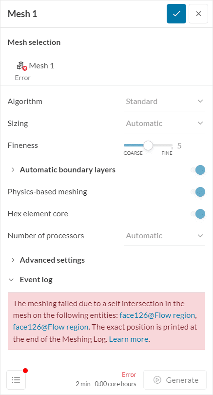 self intersection error message with intersecting surfaces in the model given