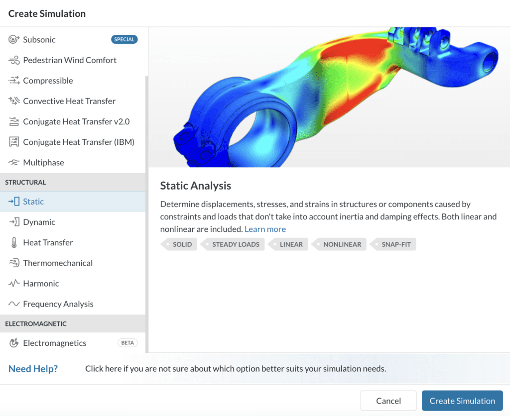 SimScale analysis type library window  highlighting static analysis type