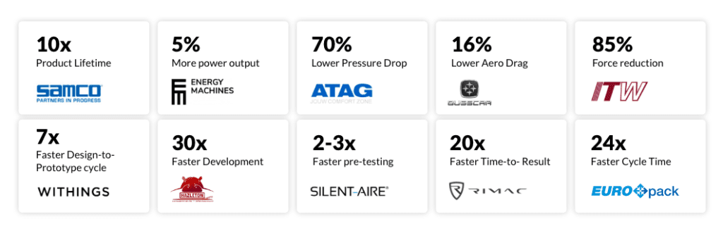 Company logos and metrics showing top-line growth benefits of using SimScale