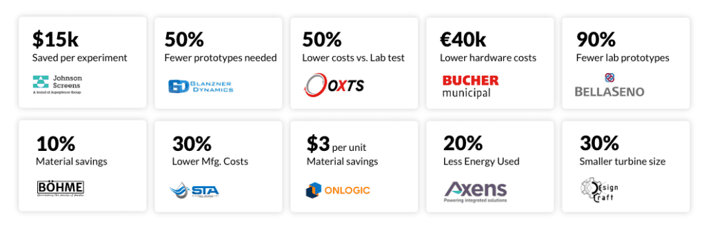 Company logos and metrics showing bottom-line savings benefits of using SimScale