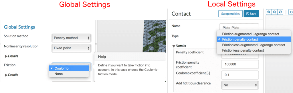imposition of friction between the contact surfaces, global local settings