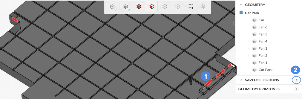 steps on how to create a Saved Selection for an air inlet of a car park.