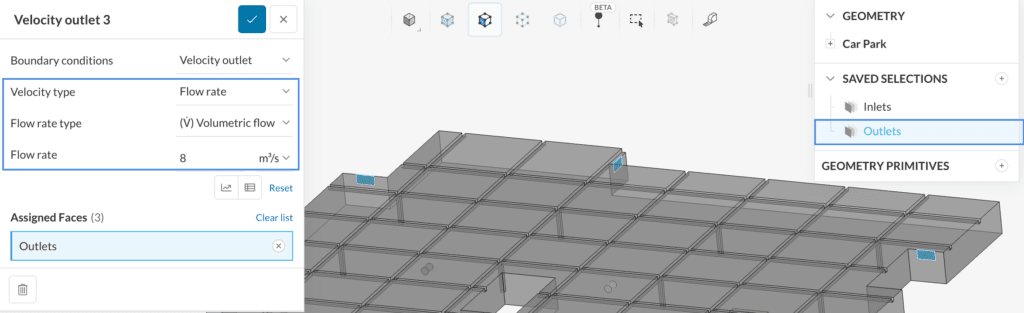 velocity outlet boundary condition for outlets for car park contamination simulation with velocity as volumetric flow rate with a value 8 m3/s
