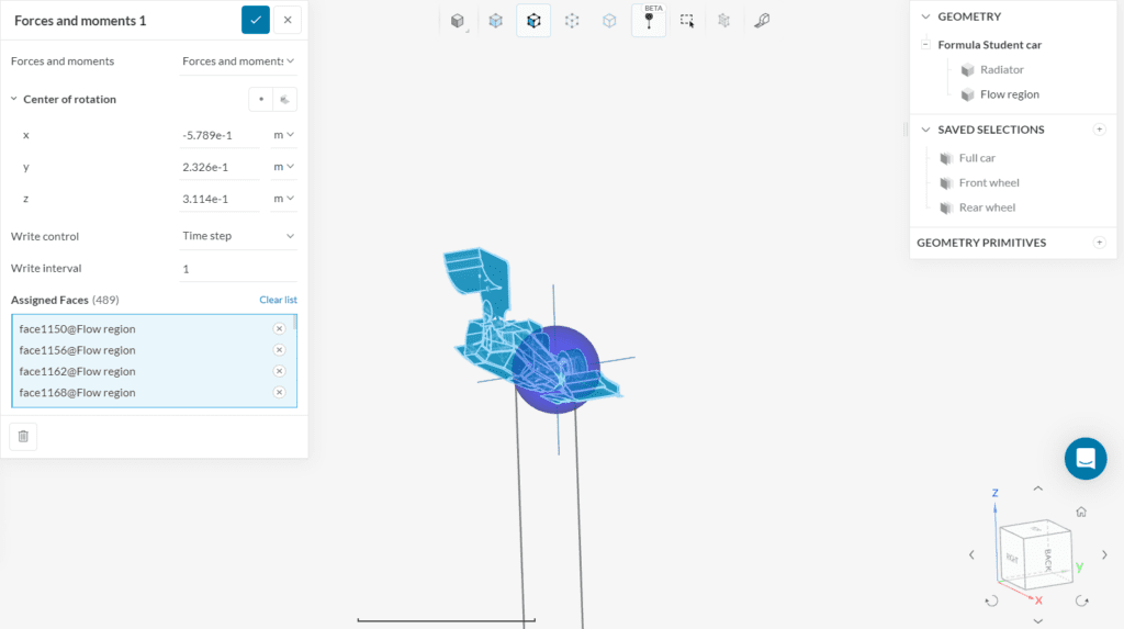 applying a forces and moments calculation set to the faces of the car