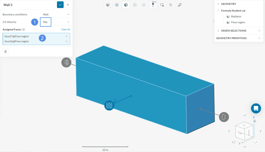 Assigning the top and right side of the domain as slip walls, that represent the open air environment