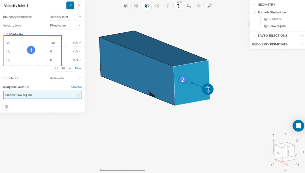 assigning on the inlet the horizontal velocity value that represents the speed of the car.