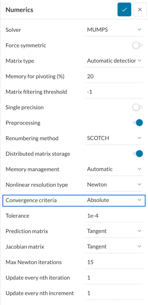 numeric solver parameters static simulation