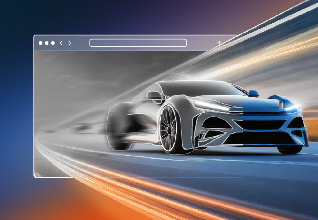 A digital drawing of a supercar overlayed with a minimalistic web browser schematic to indicate digital automotive design and simulation