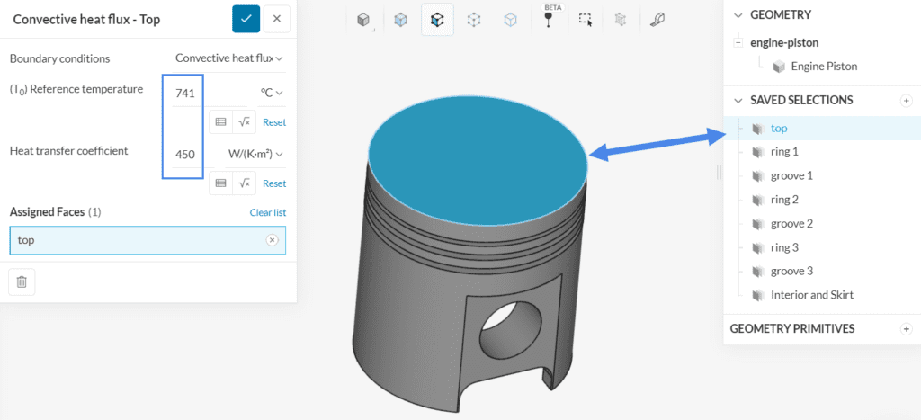 convective heat flux boundary condition applied at the top of the piston with a reference temperature of 741 c and a heat transfer coefficient of 450 w/km2