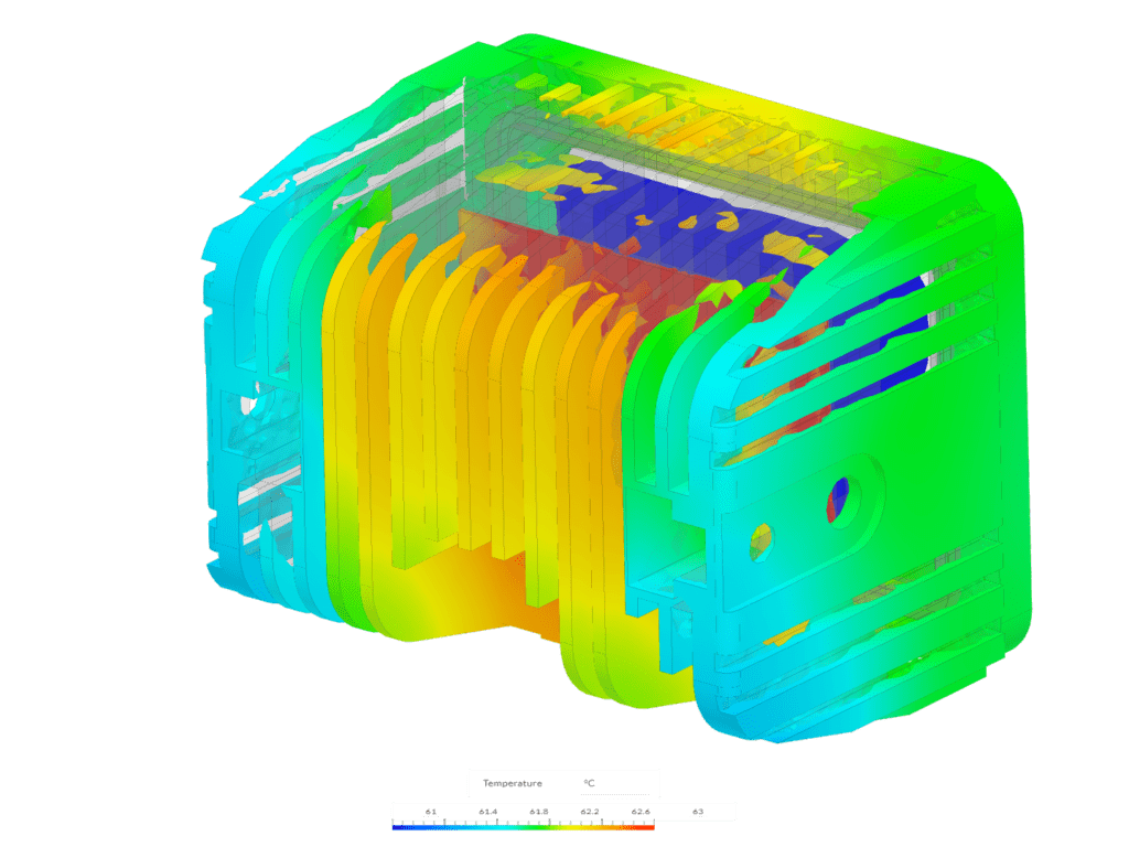 Simulation image showing areas of heat flux of -100 W/m2 and less in an LED light using isovolume in SimScale from the left side