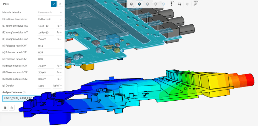 SimScale simulation image of a PCB showing orthotropic linear mechanical material properties