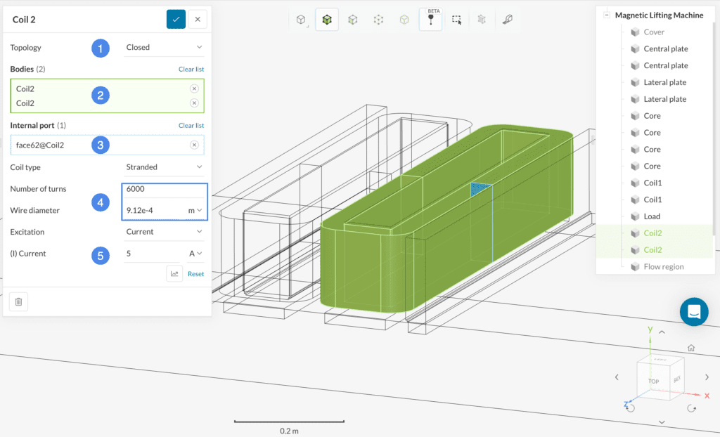 Assign faces for 'Coil 2' and set Current to 5A.