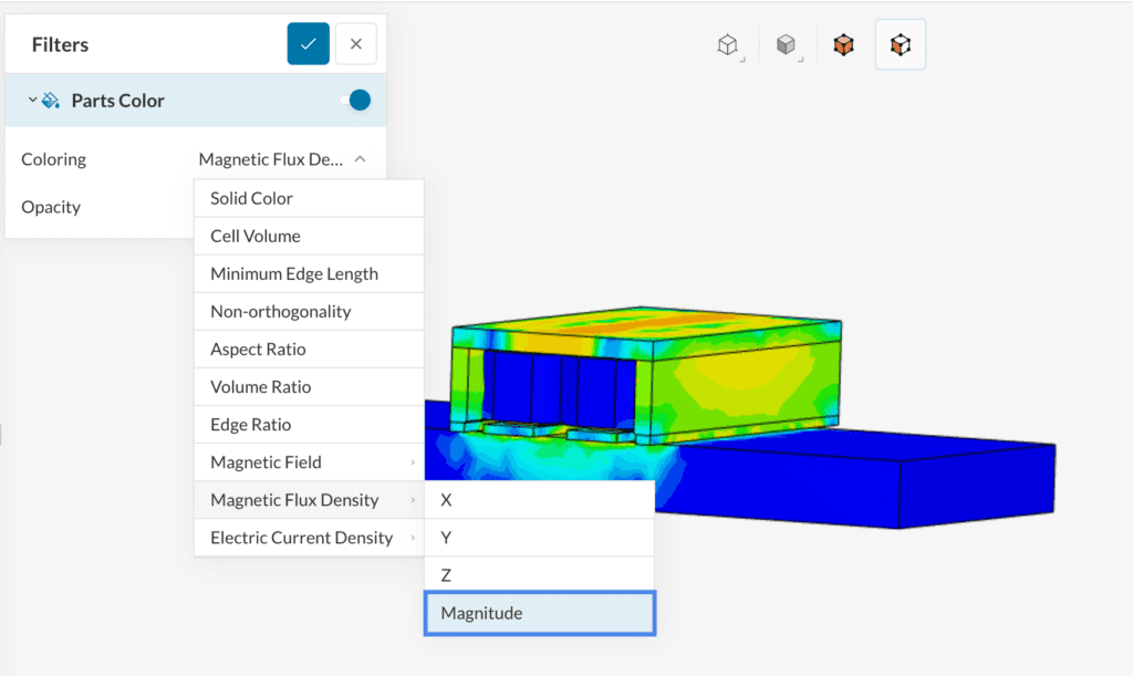A post-processing image in SimScale of a magnetic lifting machine showing its magnetic flux density magnitude