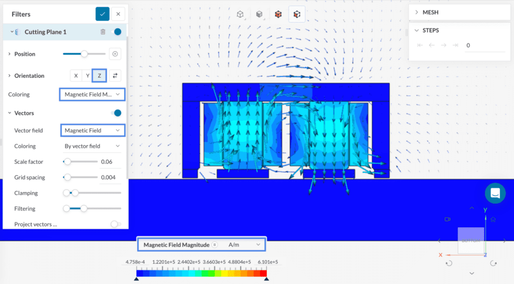 A post-processing image in SimScale of a magnetic lifting machine showing its magnetic field distribution