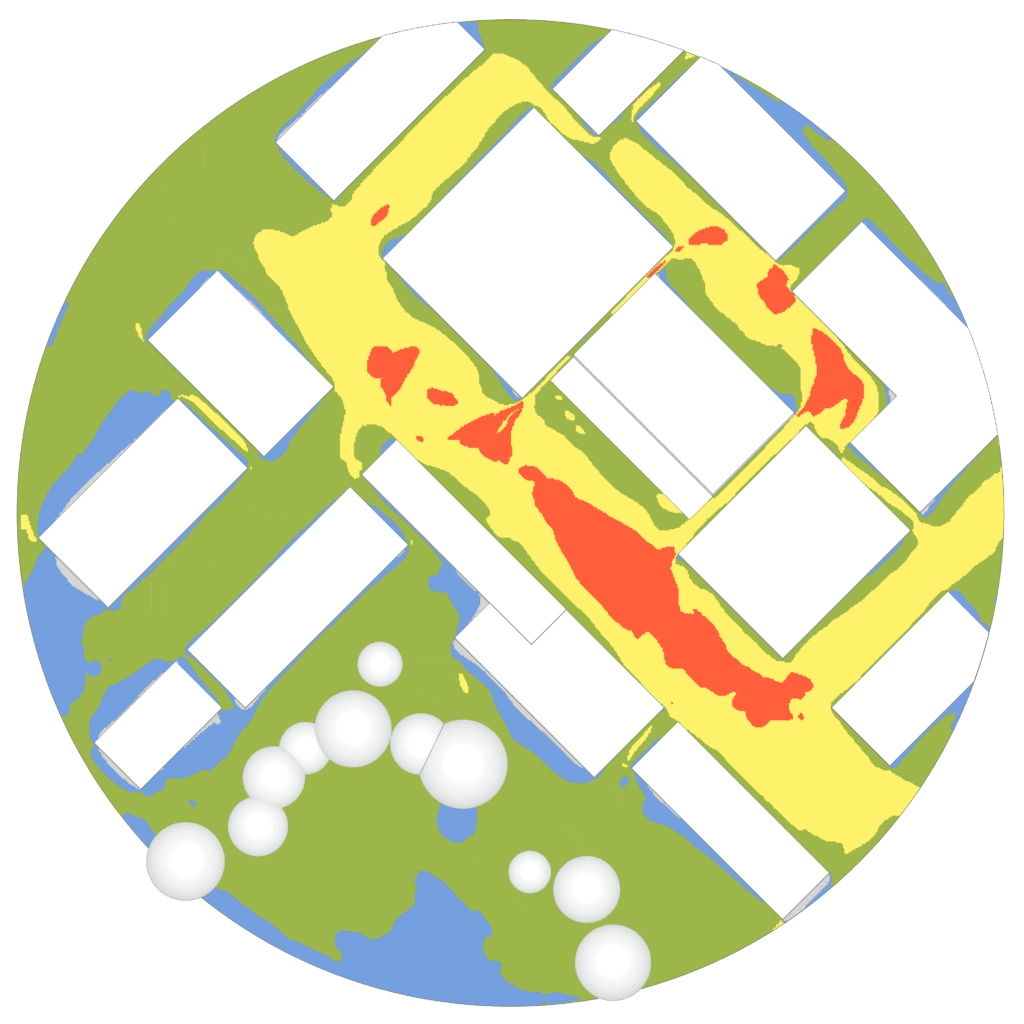 A comfort plot created using CFD showing the downwash effect in the improved design with street-level structures