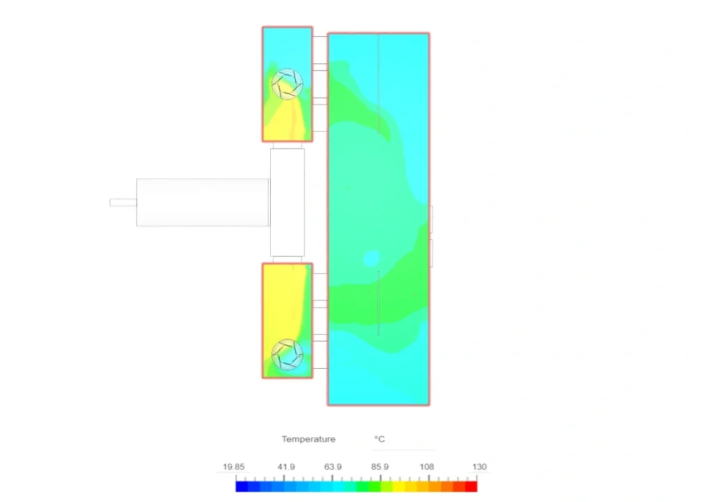 top-down view of the drying chamber showing temperature distribution. The picture shows the dryer in the heating up phase, to see which areas heat up first.
