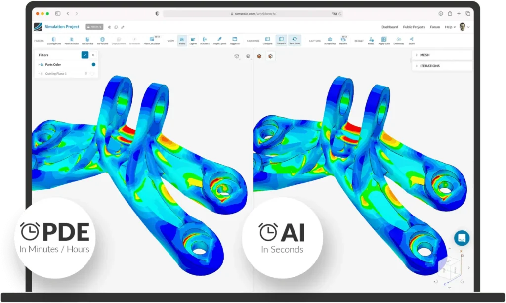 Two simulation images side by side ran using PDE and AI, respectively