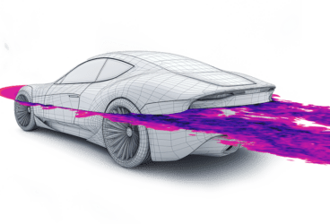 A meshed 3D model of a sports car with CFD simulation of airflow around it shown in purple