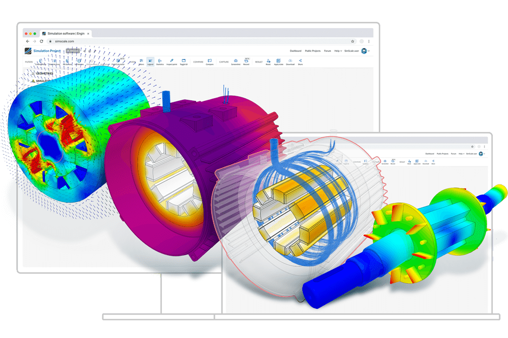 Four simulations of an electric motor showing multiple physics overlaid on a web browser to imply online simulation